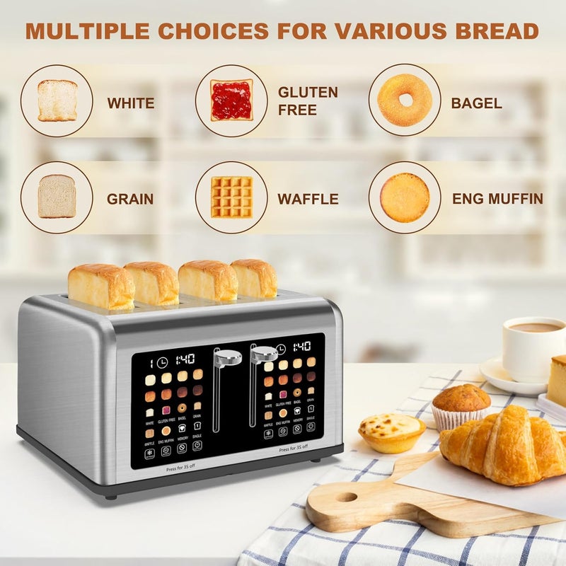 Clixane 4 Slice Toaster Touch Screen, Stainless Steel Toasters Digital Timer, Dual Control Panel Toasters, 8 Shade Settings 6 Bread Types for Bagel, Cancel, Defrost 1650W - Image 5